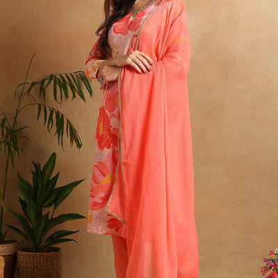Peach Rayon Blend Floral Printed Straight Trouser Suit Set PKSKD2477