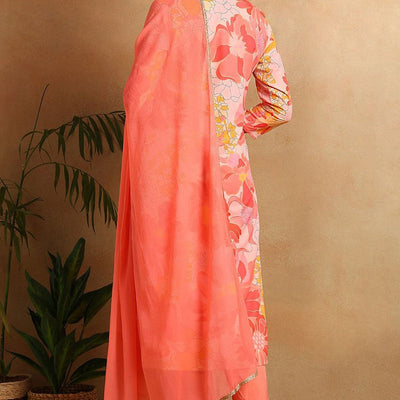 Peach Rayon Blend Floral Printed Straight Trouser Suit Set PKSKD2477