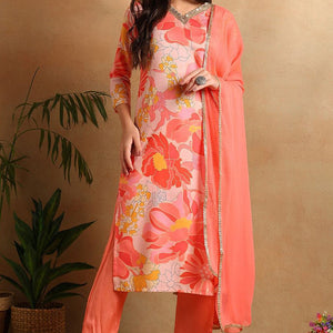 Peach Rayon Blend Floral Printed Straight Trouser Suit Set PKSKD2477
