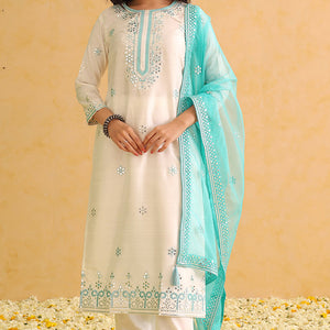 White Silk Blend Solid Embroidered Straight Trouser Suit Set PKSKD2478