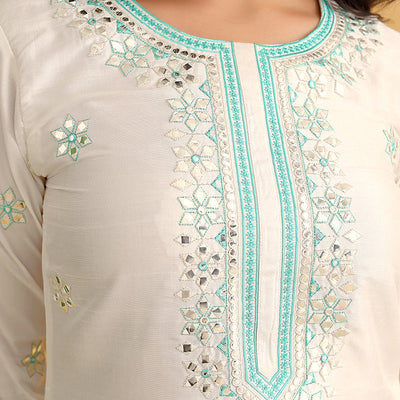 White Silk Blend Solid Embroidered Straight Trouser Suit Set PKSKD2478