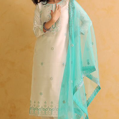 White Silk Blend Solid Embroidered Straight Trouser Suit Set PKSKD2478