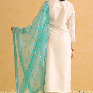 White Silk Blend Solid Embroidered Straight Trouser Suit Set PKSKD2478