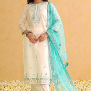 White Silk Blend Solid Embroidered Straight Trouser Suit Set PKSKD2478