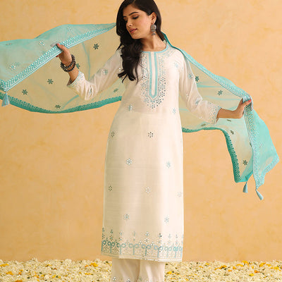 White Silk Blend Solid Embroidered Straight Trouser Suit Set PKSKD2478