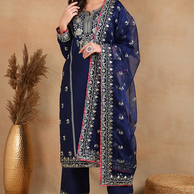Navy Blue Silk Blend Solid Yoke Design Straight Palazzo Suit Set PKSKD2486