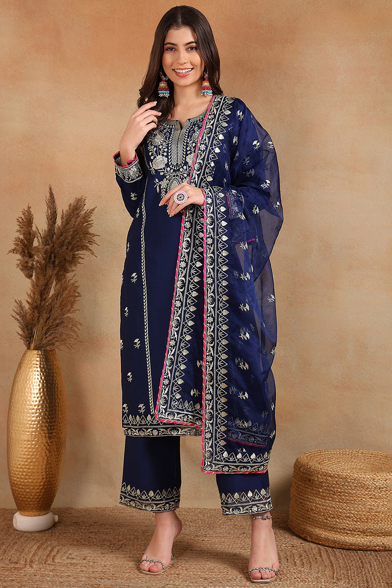 Navy Blue Silk Blend Solid Yoke Design Straight Palazzo Suit Set PKSKD2486