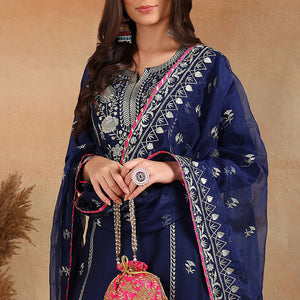 Navy Blue Silk Blend Solid Yoke Design Straight Palazzo Suit Set PKSKD2486