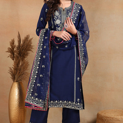Navy Blue Silk Blend Solid Yoke Design Straight Palazzo Suit Set PKSKD2486