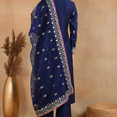 Navy Blue Silk Blend Solid Yoke Design Straight Palazzo Suit Set PKSKD2486