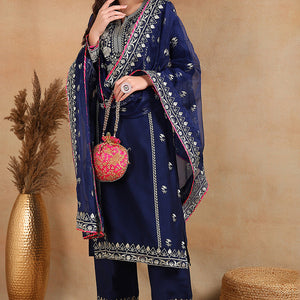 Navy Blue Silk Blend Solid Yoke Design Straight Palazzo Suit Set PKSKD2486