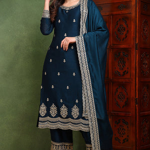 Dark Blue Silk Blend Solid Embroidered Straight Suit Set PKSKD2487