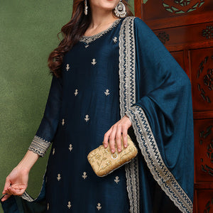 Dark Blue Silk Blend Solid Embroidered Straight Suit Set PKSKD2487