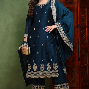 Dark Blue Silk Blend Solid Embroidered Straight Suit Set PKSKD2487