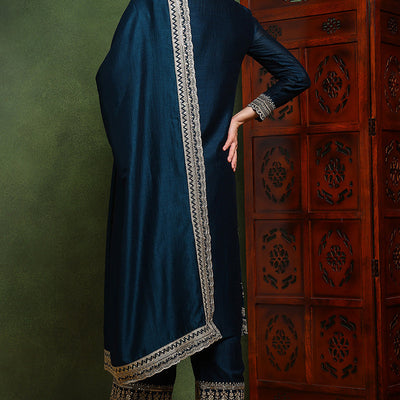 Dark Blue Silk Blend Solid Embroidered Straight Suit Set PKSKD2487