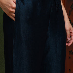 Dark Blue Silk Blend Solid Embroidered Straight Suit Set PKSKD2487