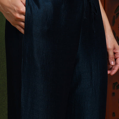 Dark Blue Silk Blend Solid Embroidered Straight Suit Set PKSKD2487