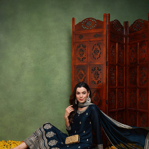 Dark Blue Silk Blend Solid Embroidered Straight Suit Set PKSKD2487