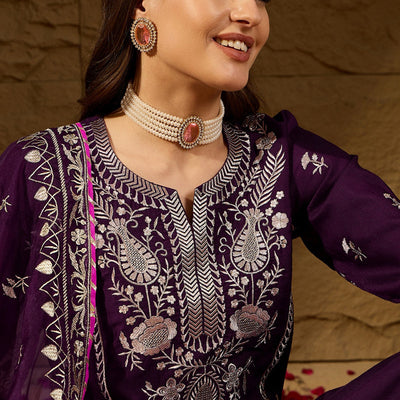 Purple Silk Blend Yoke Design Zari Straight Palazzo Suit Set PKSKD2488