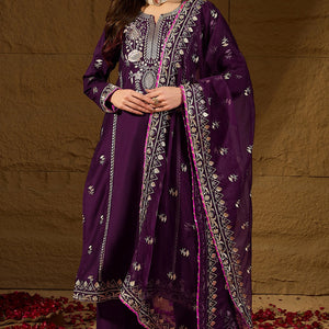 Purple Silk Blend Yoke Design Zari Straight Palazzo Suit Set PKSKD2488