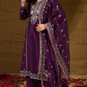 Purple Silk Blend Yoke Design Zari Straight Palazzo Suit Set PKSKD2488