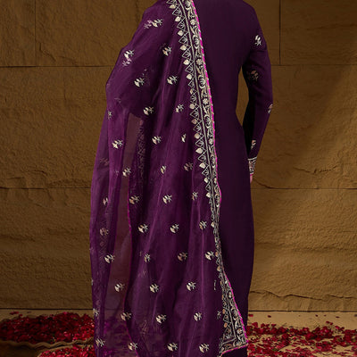 Purple Silk Blend Yoke Design Zari Straight Palazzo Suit Set PKSKD2488