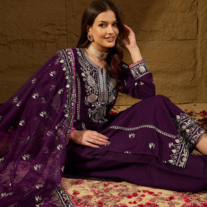 Purple Silk Blend Yoke Design Zari Straight Palazzo Suit Set PKSKD2488