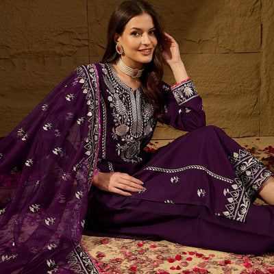 Purple Silk Blend Yoke Design Zari Straight Palazzo Suit Set PKSKD2488