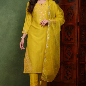Mustard Yellow Silk Blend Solid Yoke Design Straight Suit Set PKSKD2501YLW