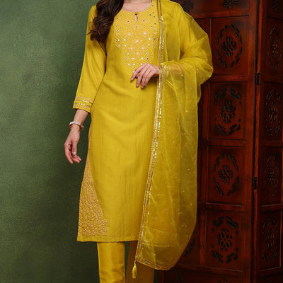 Mustard Yellow Silk Blend Solid Yoke Design Straight Suit Set PKSKD2501YLW