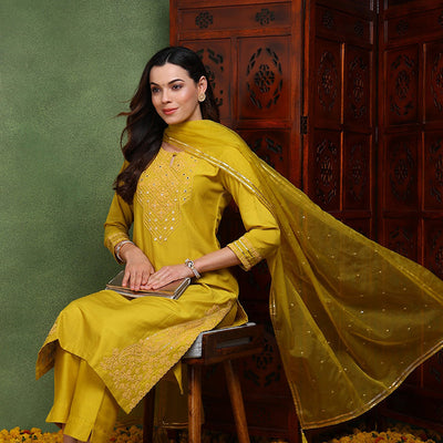 Mustard Yellow Silk Blend Solid Yoke Design Straight Suit Set PKSKD2501YLW