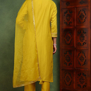 Mustard Yellow Silk Blend Solid Yoke Design Straight Suit Set PKSKD2501YLW