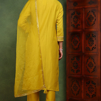 Mustard Yellow Silk Blend Solid Yoke Design Straight Suit Set PKSKD2501YLW