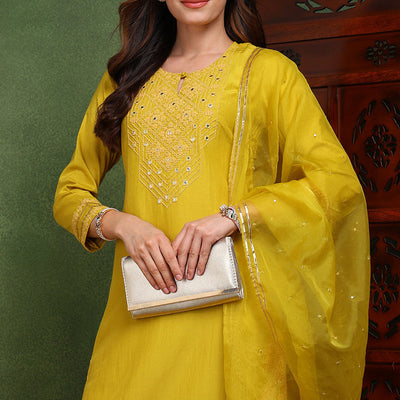Mustard Yellow Silk Blend Solid Yoke Design Straight Suit Set PKSKD2501YLW