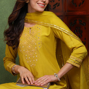 Mustard Yellow Silk Blend Solid Yoke Design Straight Suit Set PKSKD2501YLW