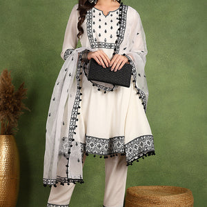 White Silk Blend Embroidered Thread Work A-Line Trouser Suit Set PKSKD2508WHT