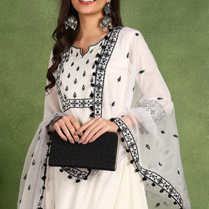 White Silk Blend Embroidered Thread Work A-Line Trouser Suit Set PKSKD2508WHT