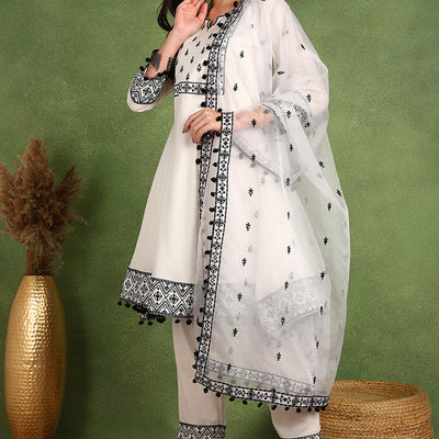 White Silk Blend Embroidered Thread Work A-Line Trouser Suit Set PKSKD2508WHT