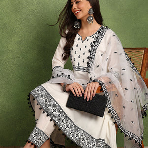 White Silk Blend Embroidered Thread Work A-Line Trouser Suit Set PKSKD2508WHT