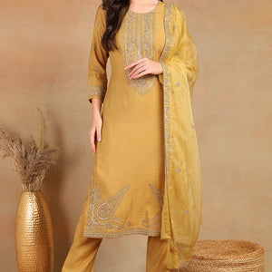 Golden Yellow Silk Blend Solid Embroidered Straight Trouser Bottom Suit Set PKSKD2520YLW