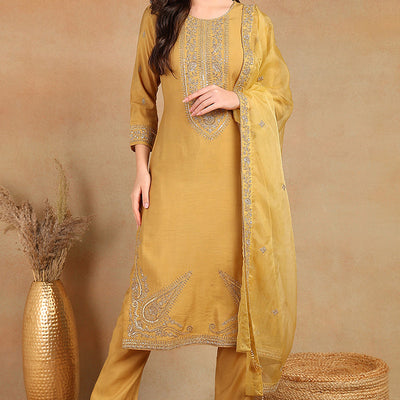 Golden Yellow Silk Blend Solid Embroidered Straight Trouser Bottom Suit Set PKSKD2520YLW