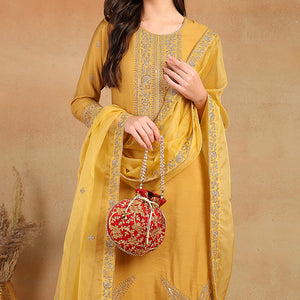Golden Yellow Silk Blend Solid Embroidered Straight Trouser Bottom Suit Set PKSKD2520YLW