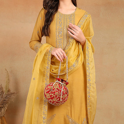 Golden Yellow Silk Blend Solid Embroidered Straight Trouser Bottom Suit Set PKSKD2520YLW