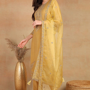 Golden Yellow Silk Blend Solid Embroidered Straight Trouser Bottom Suit Set PKSKD2520YLW