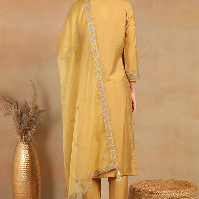 Golden Yellow Silk Blend Solid Embroidered Straight Trouser Bottom Suit Set PKSKD2520YLW