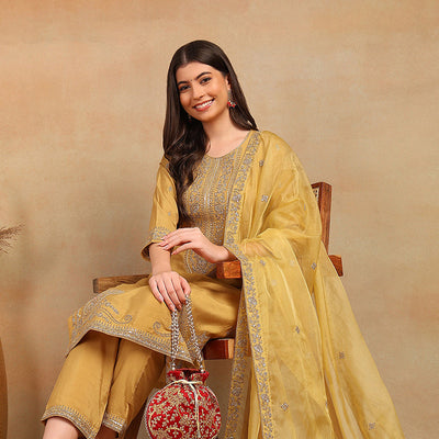 Golden Yellow Silk Blend Solid Embroidered Straight Trouser Bottom Suit Set PKSKD2520YLW
