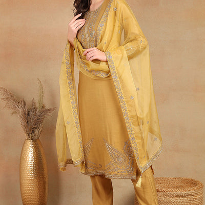 Golden Yellow Silk Blend Solid Embroidered Straight Trouser Bottom Suit Set PKSKD2520YLW