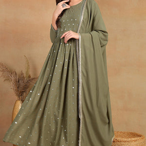 Olive Green Georgette Solid Embroidered Straight Palazzo Bottom Suit Set PKSKD2521OLV
