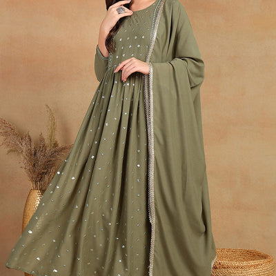 Olive Green Georgette Solid Embroidered Straight Palazzo Bottom Suit Set PKSKD2521OLV