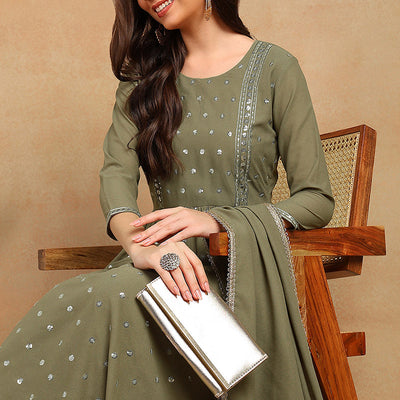 Olive Green Georgette Solid Embroidered Straight Palazzo Bottom Suit Set PKSKD2521OLV